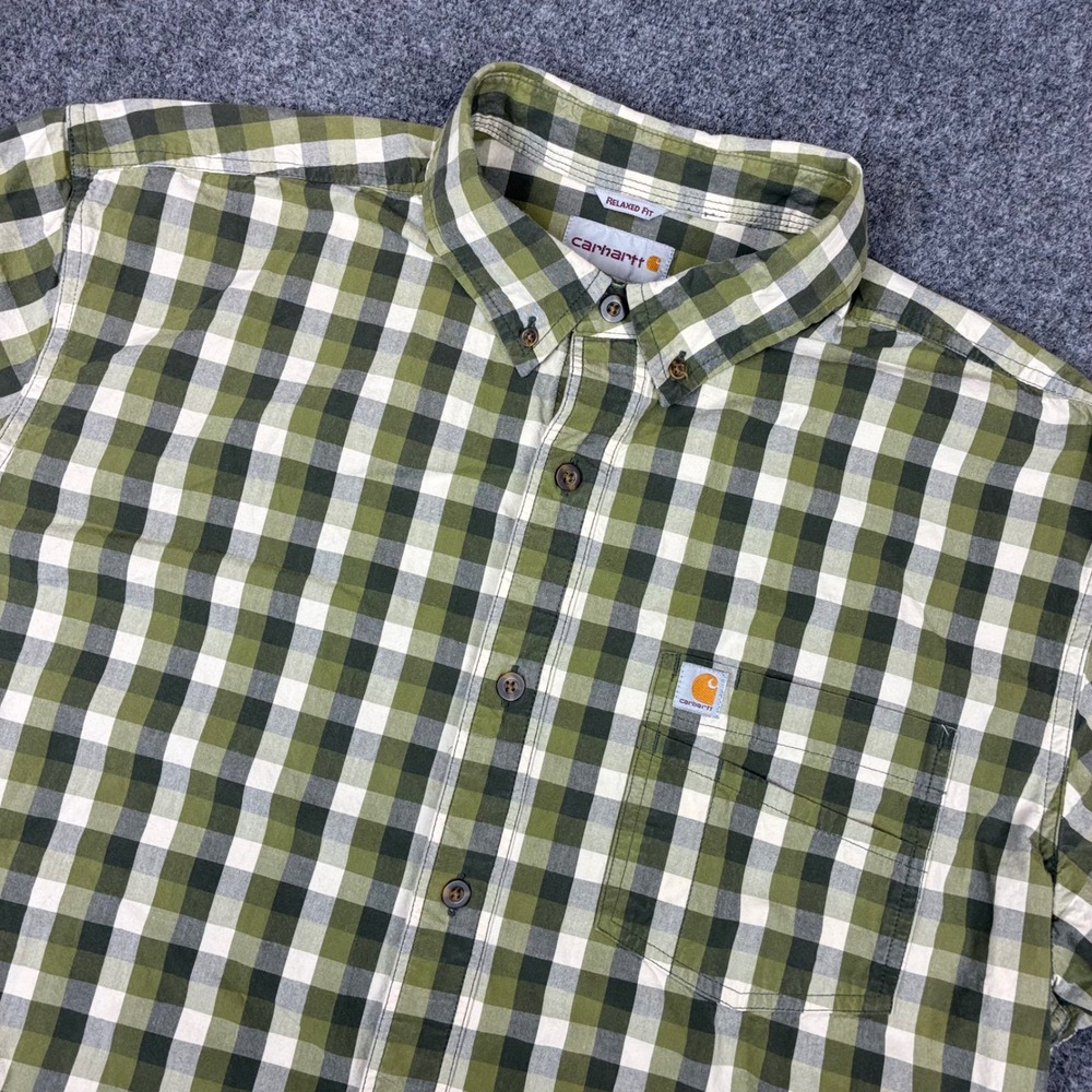 Carhartt Mens Size XL Relaxed Short Sleeve Plaid Button Down Shirt Green Gingham